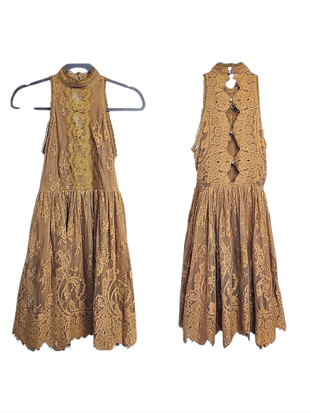 Free People Mustard Brown Floral Lace Fit & Flare Eyelash Trim Dress HOST PICK